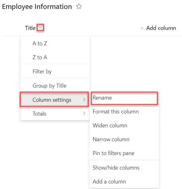 sharepoint list change title column