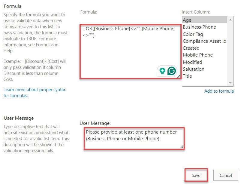 Sharepoint list column validation at least one column validation example