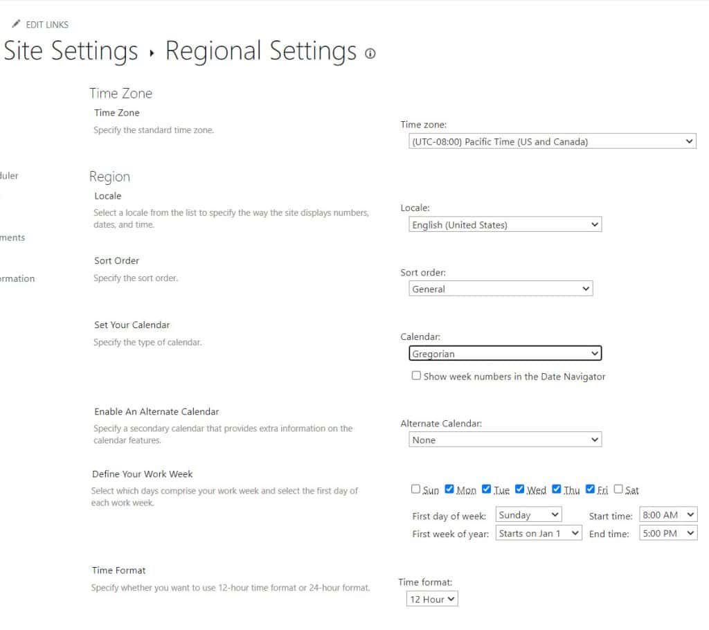 sharepoint list regional settings