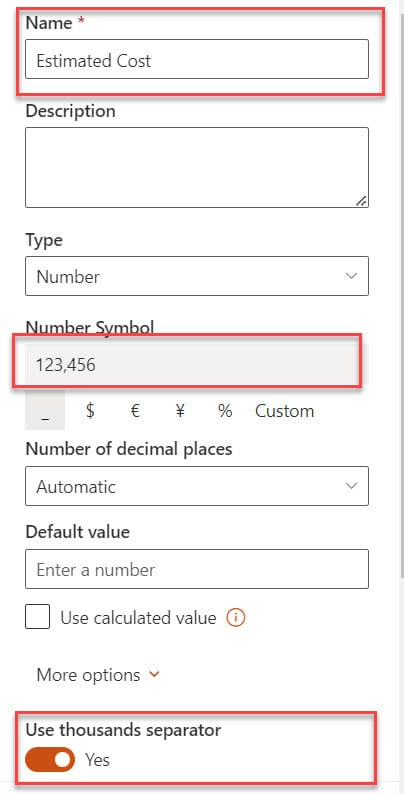 sharepoint number column no comma