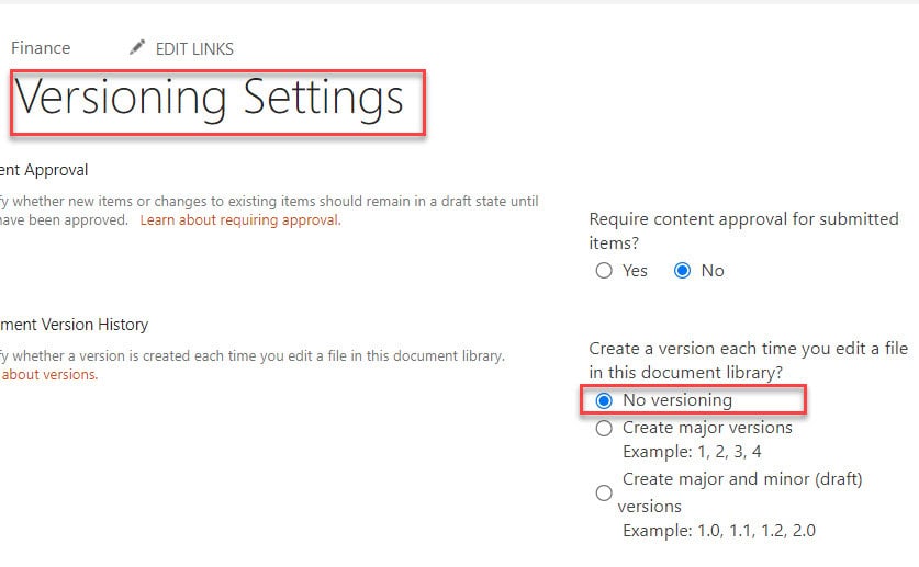 sharepoint online disable versioning