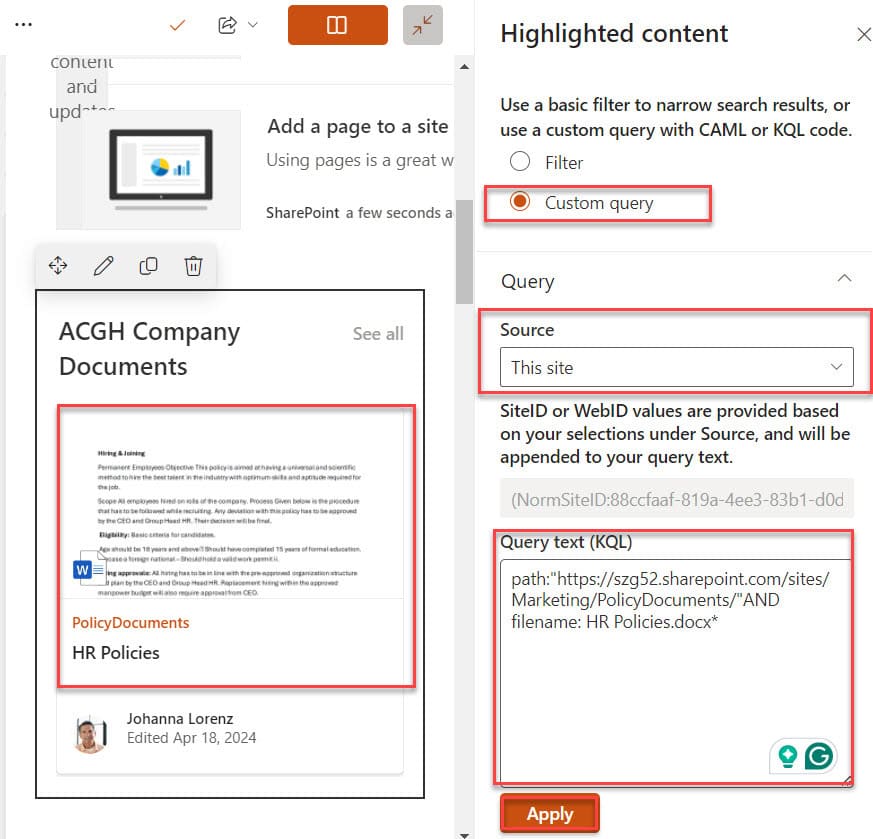 SharePoint Online Highlighted Content KQL Query