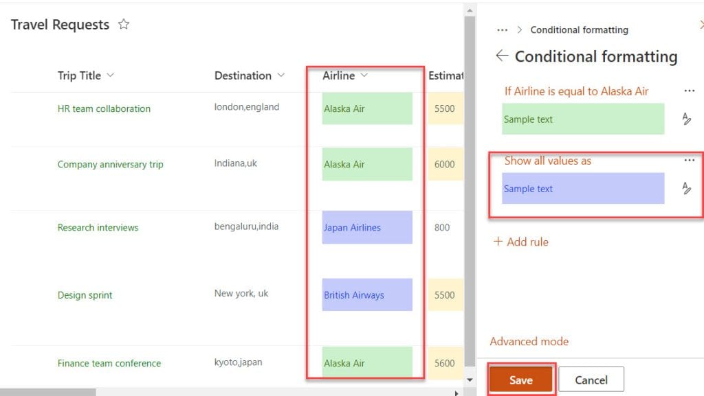 sharepoint online list formatting