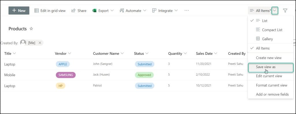 sharepoint online list view filter by current user