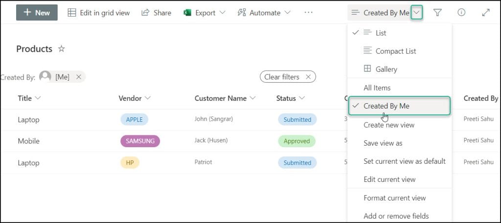 sharepoint Online list view filter by user