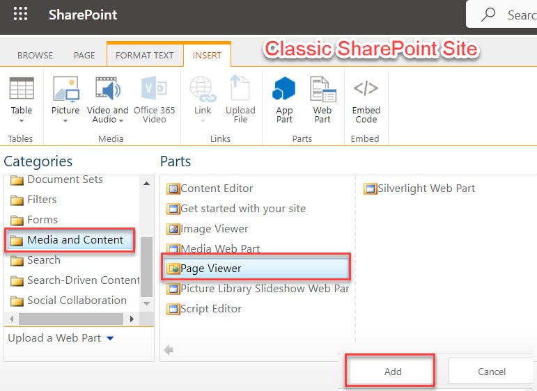 sharepoint page viewer webpart in classic