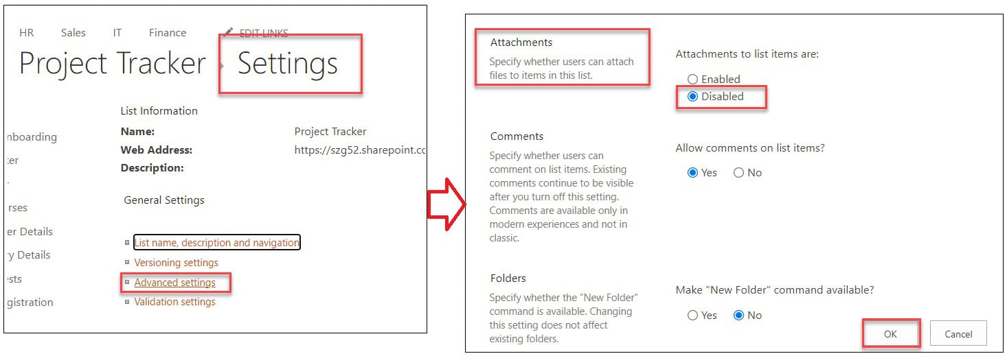 sharepoint list disable attachments