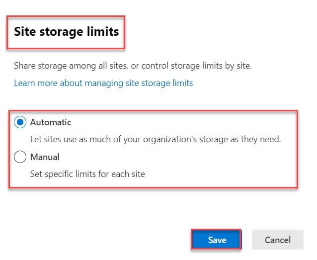 sharepoint site storage limit