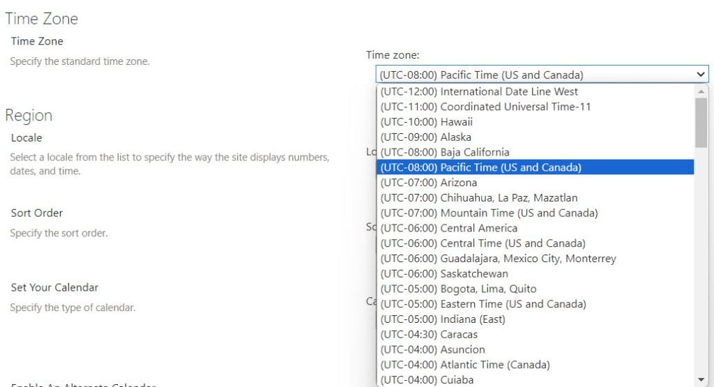 sharepoint time zone settings