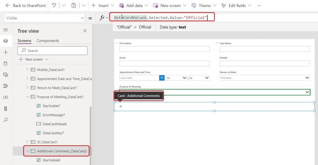 Show or hide columns based on condition in SharePoint list form using Power Apps