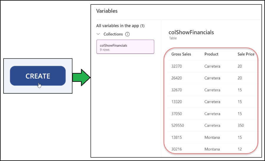 show specific columns in power apps collection from excel