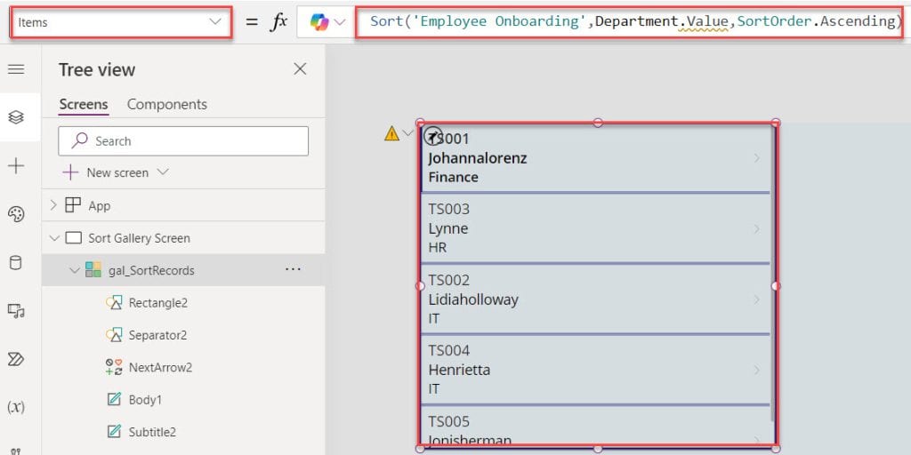 sort gallery items powerapps