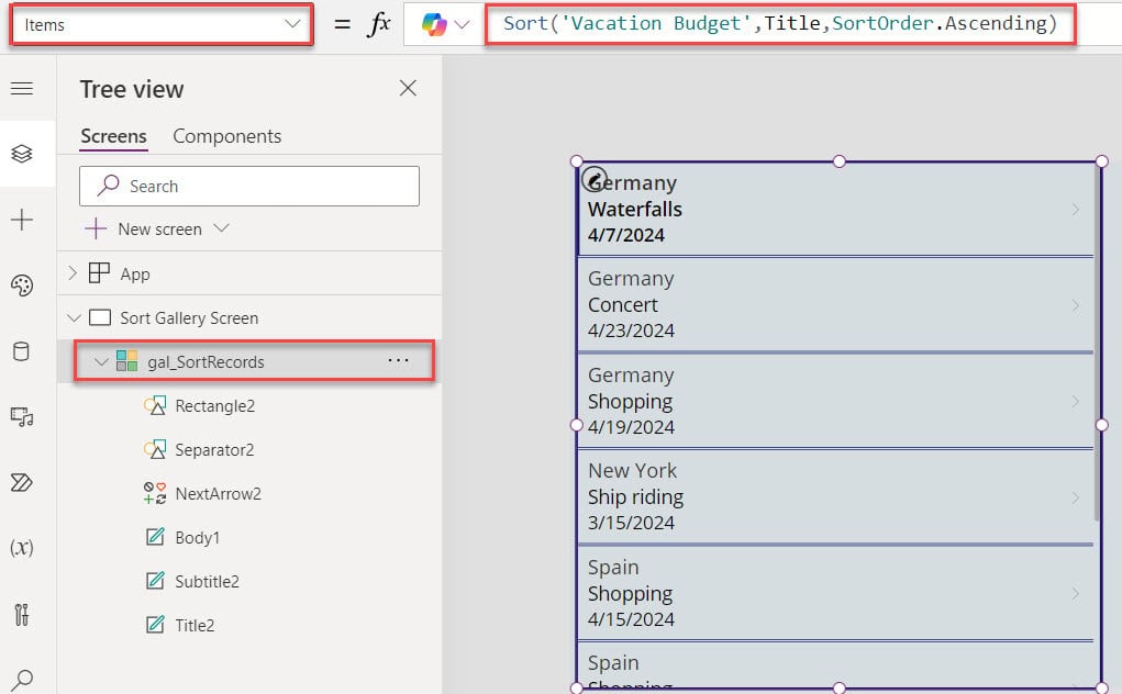 sort gallery powerapps