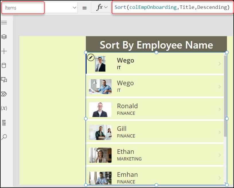 sort in powerapps