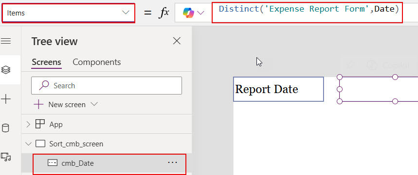 sort power apps combo box date field