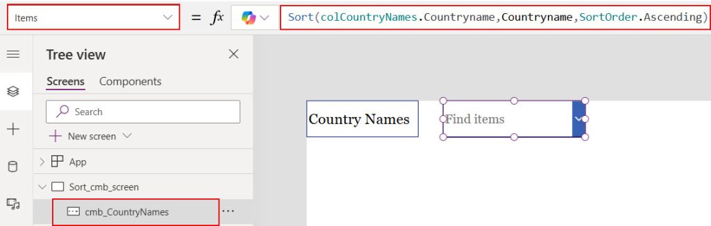 sort power apps combobox items in ascending order