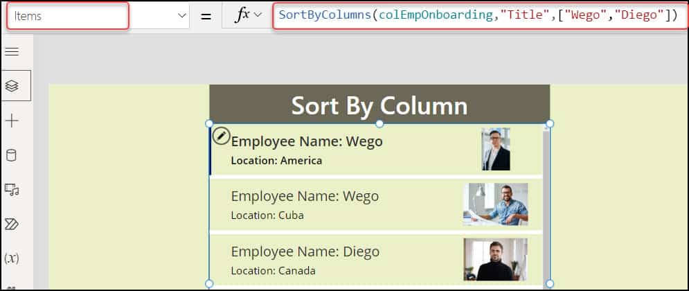 sortbycolumns powerapps