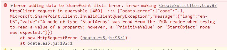 spfx error 'a 'PrimitiveValue' or 'StartObject' node was expected