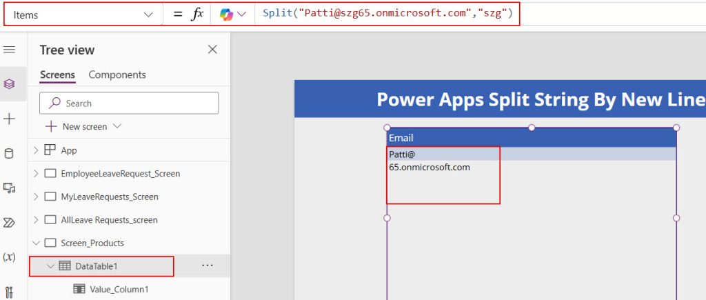 split email address power apps