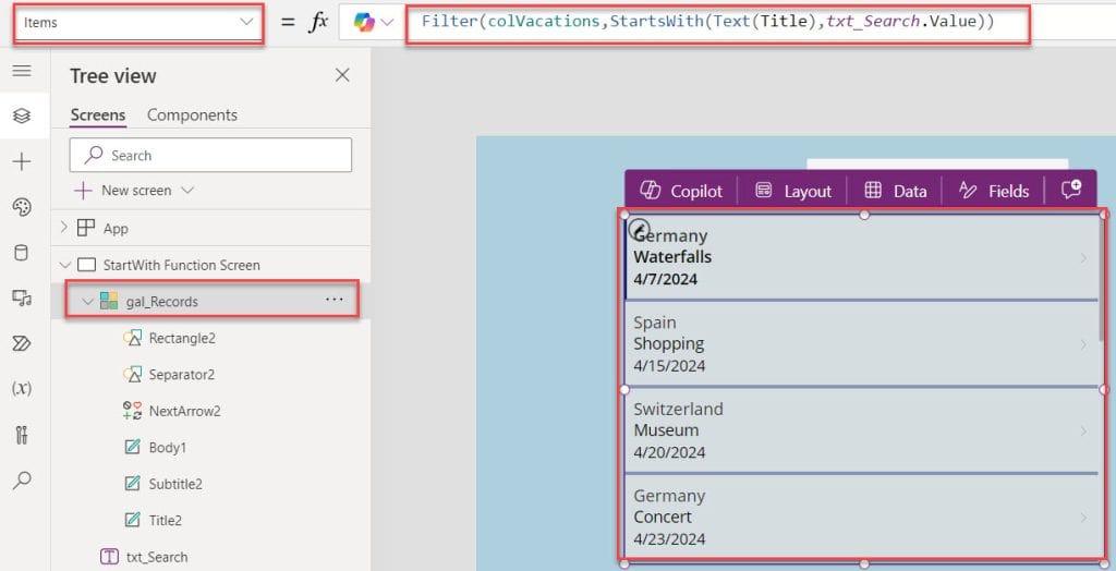 startswith function powerapps