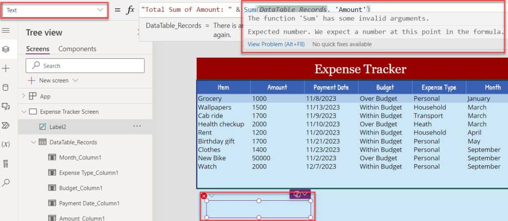 Sum of a column from Power Apps data table