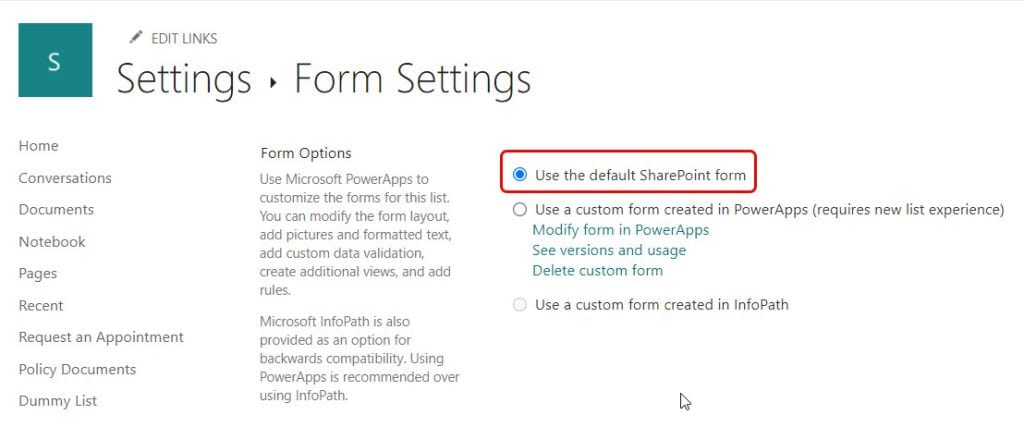 Switch to the default SharePoint list form experience