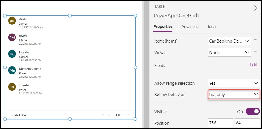 Table modern control in Power Apps