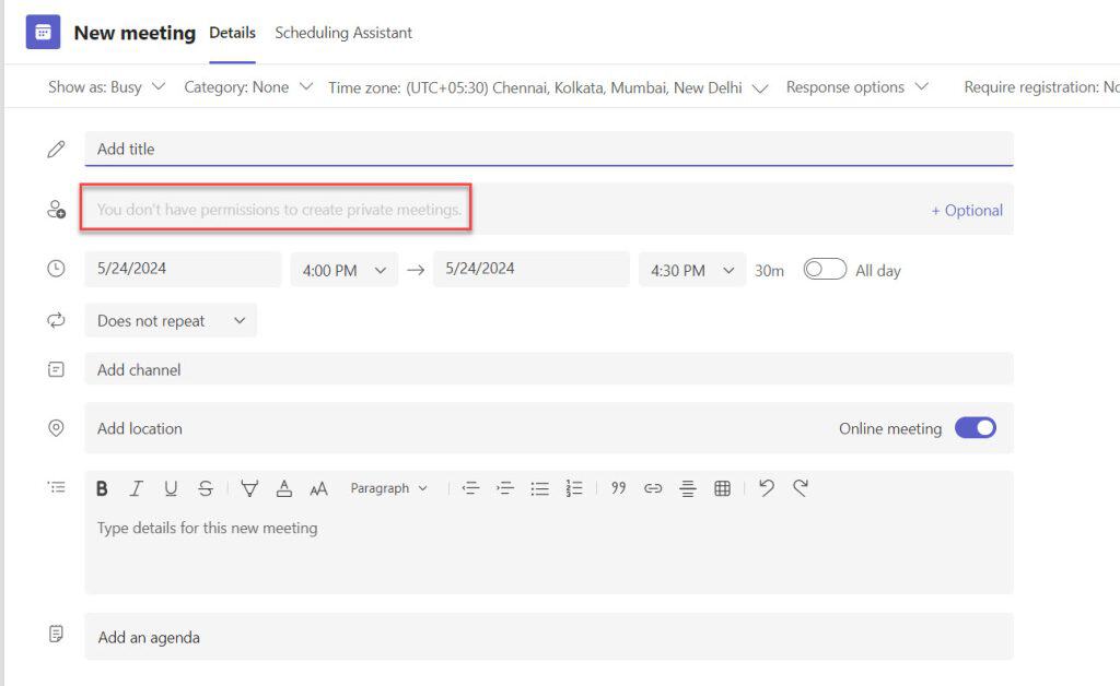 teams you don't have permission to create private meetings