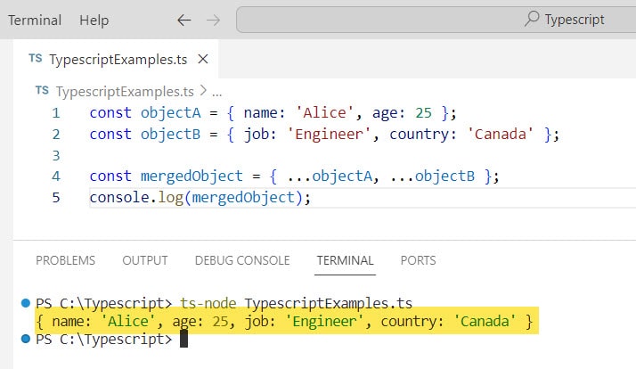 typescript how to merge two objects