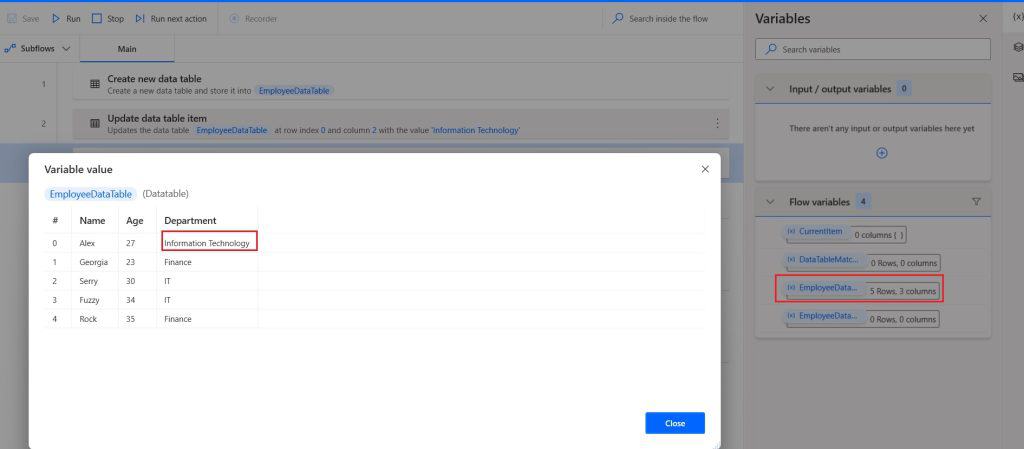 Update data table item in Microsoft Power Automate desktop