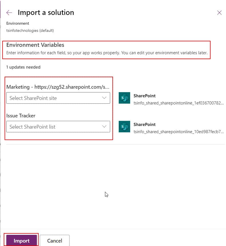 update environment variables during import in power apps canvas app