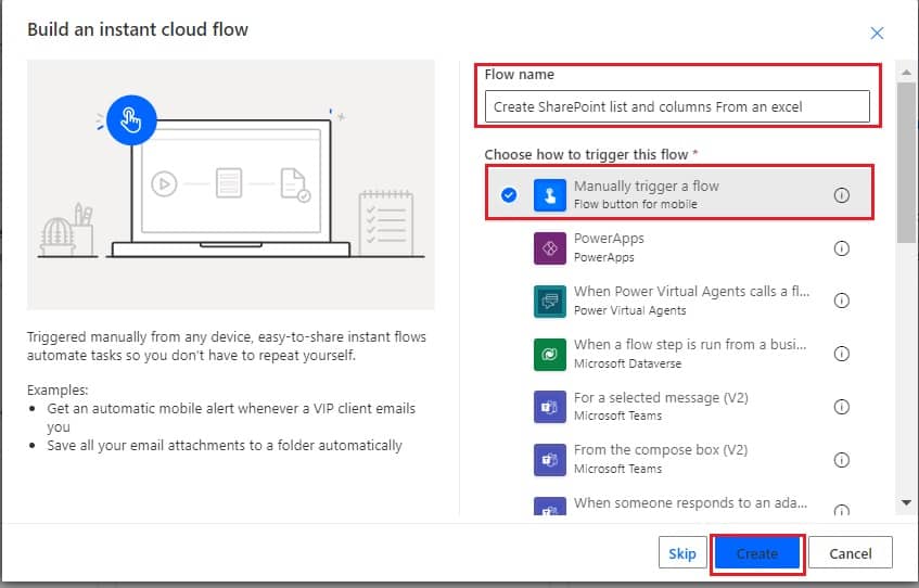 Using Microsoft Flow create SharePoint list and columns