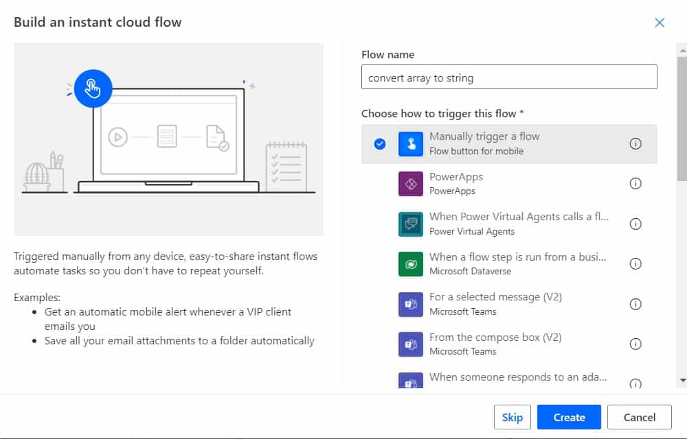 Using Microsoft  Power automate convert array to string