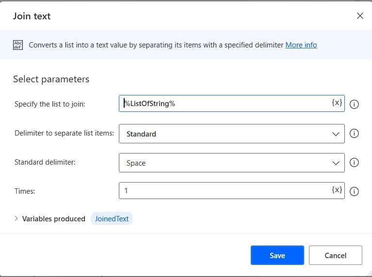 Using Microsoft Power Automate Desktop concatenate list of strings