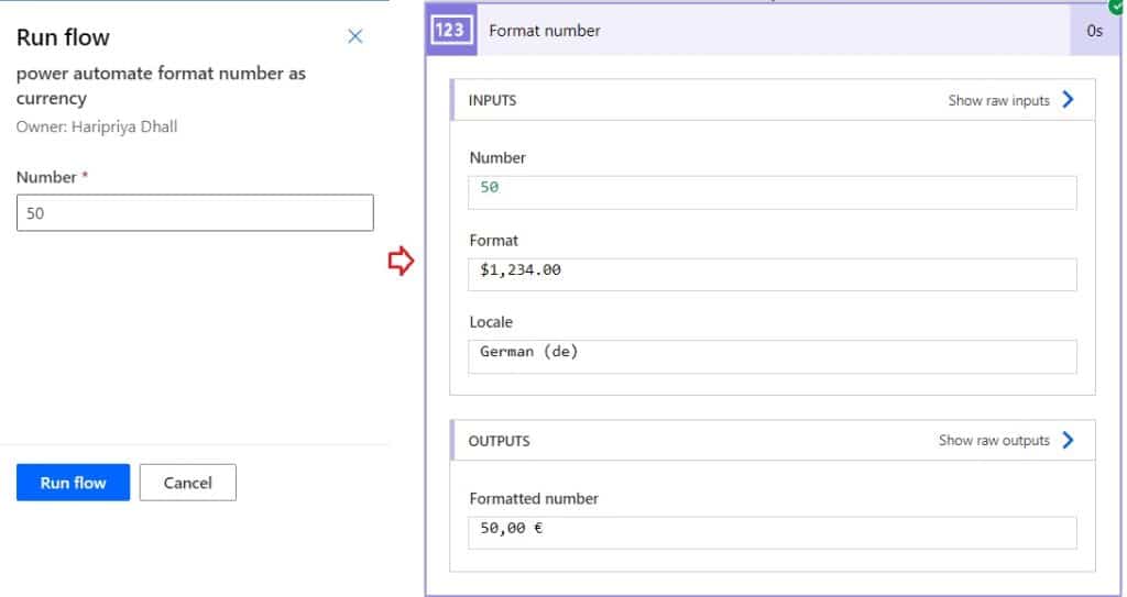 format a number as currency in Power Automate