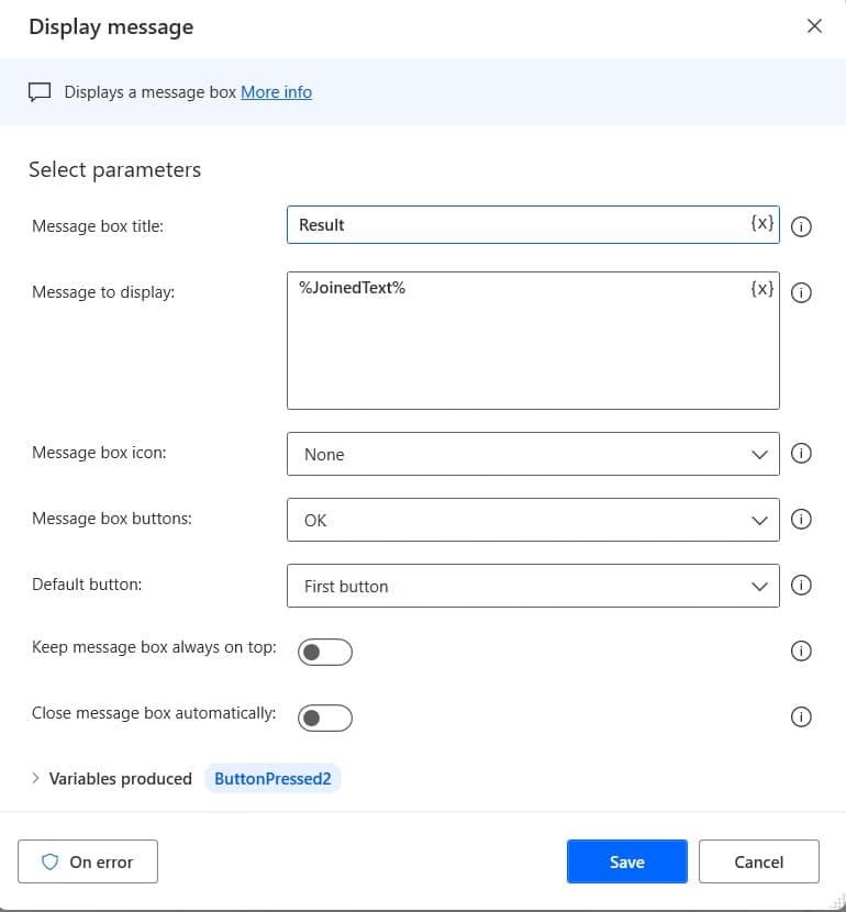 Using Power Automate Desktop concatenate list of strings