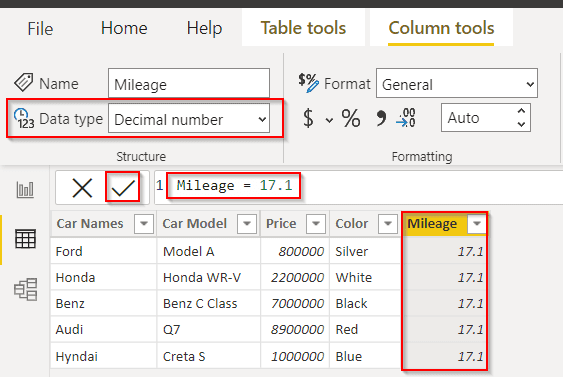 Add a column with the same value in Power BI using the Decimal Data type