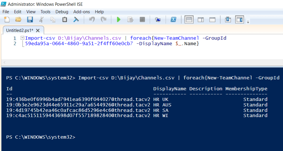 add channel to team from CSV file using powershell