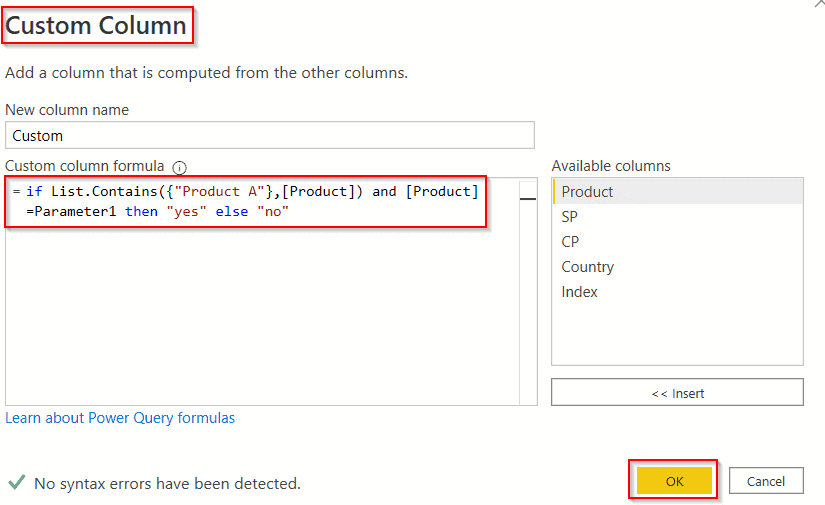 Add column based on parameter using Power Query editor