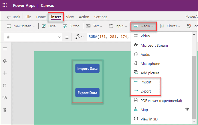 Add Export and Import control in PowerApps