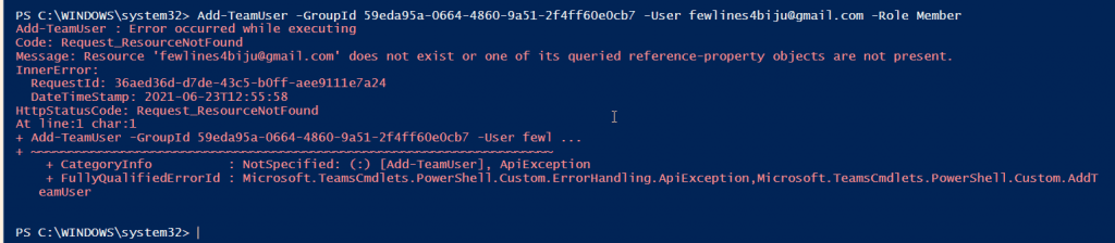 Add-TeamUser Error occurred while executing