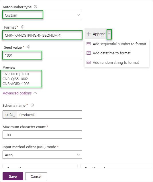 Autonumber column in Dataverse table