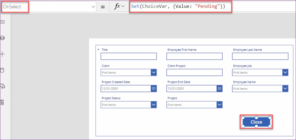  set field values using powerapps button control onselect property