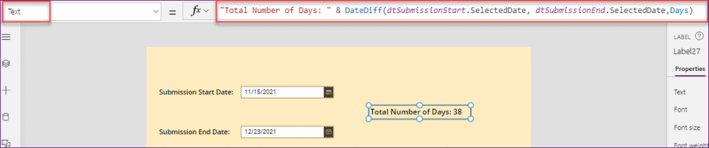 calculate days between dates in Power Apps