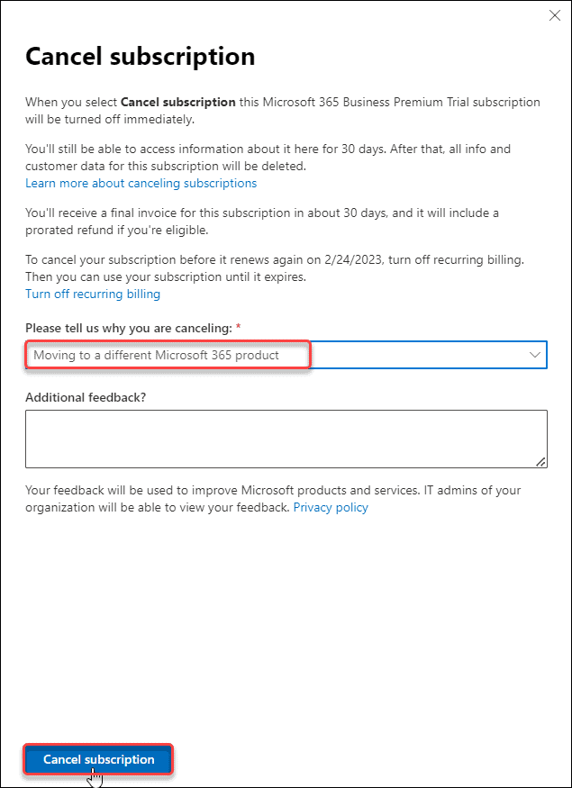 Cancel Microsoft 365 Business Subscription
