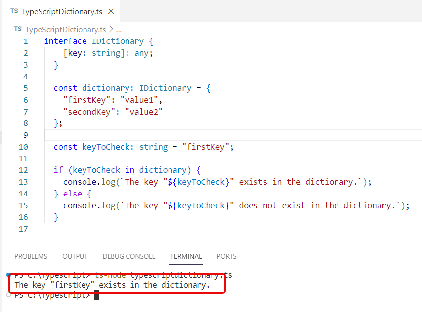 check if a key exists in a dictionary in typescript