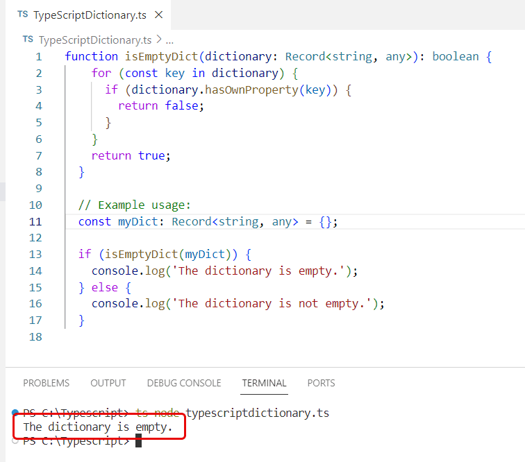 check if dictionary is empty typescript