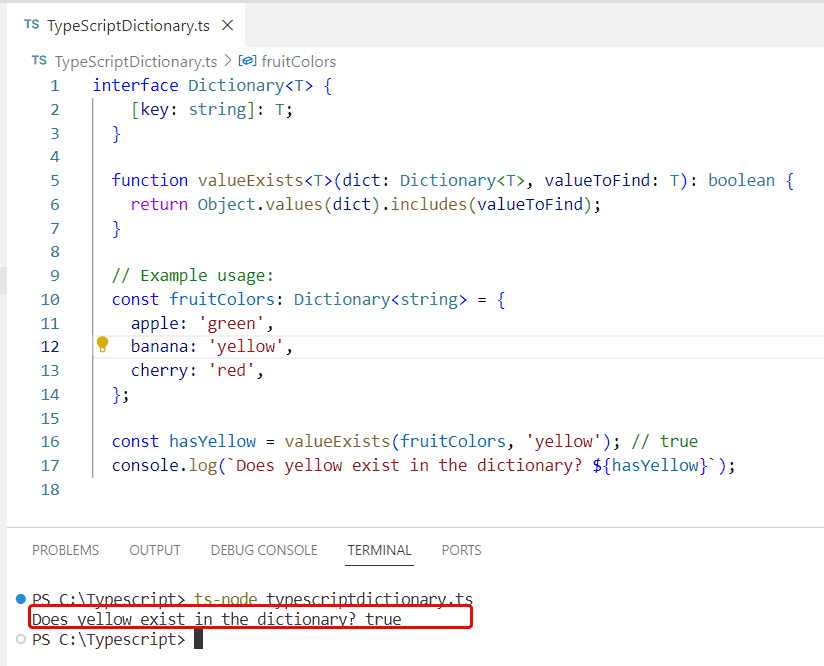 check if value exists in dictionary in Typescript