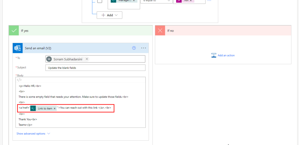 Checking if a Person Field has an empty or Null condition Power Automate