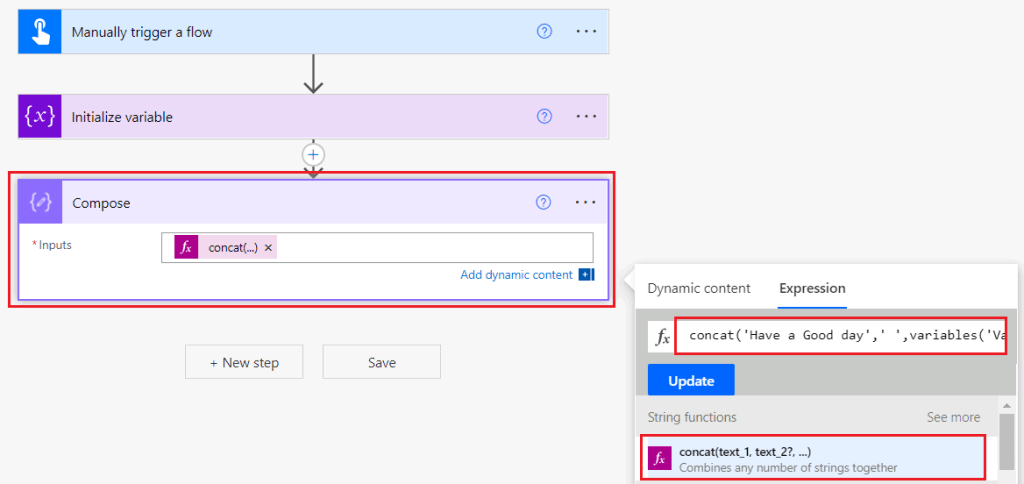 concatenate string Power Automate